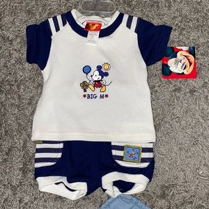 Disney short outfit, white top with blue bottoms, 6 months